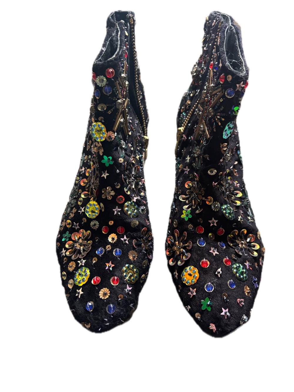 Free People Black Velvet Embellished Ankle Boots with Multicolor Gems